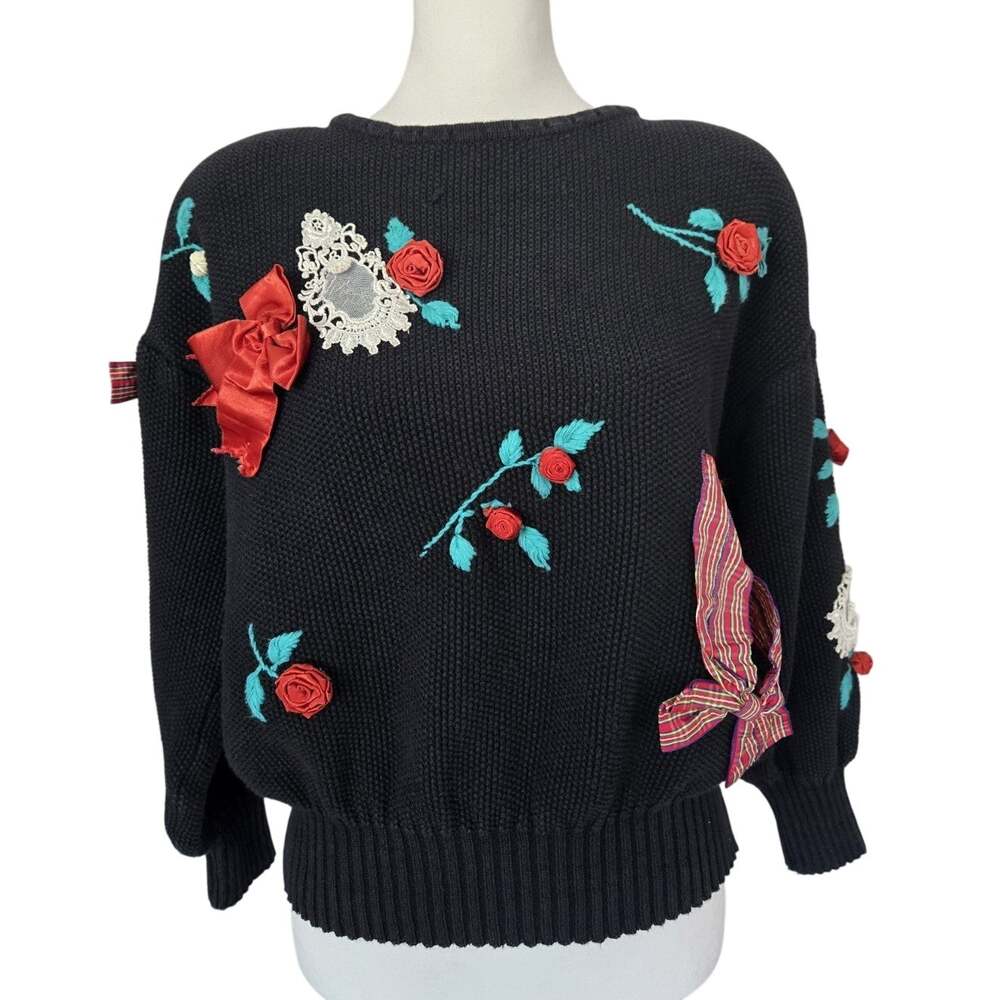 Vtg 80s Whimsigoth Grandmacore Chaus Bows Flowers Waffle Knit Sweater Black Sz L